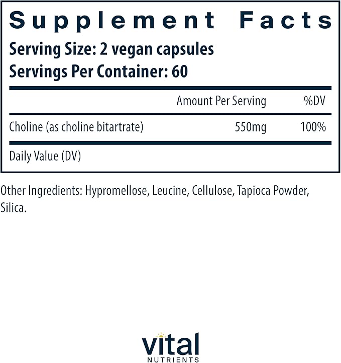 Vital Nutrients Choline 550mg | Vegan Choline Supplements | 100% RDA for Neurological Development and Health* | Gluten, Dairy, Soy Free | Non-GMO | 120 Capsules
