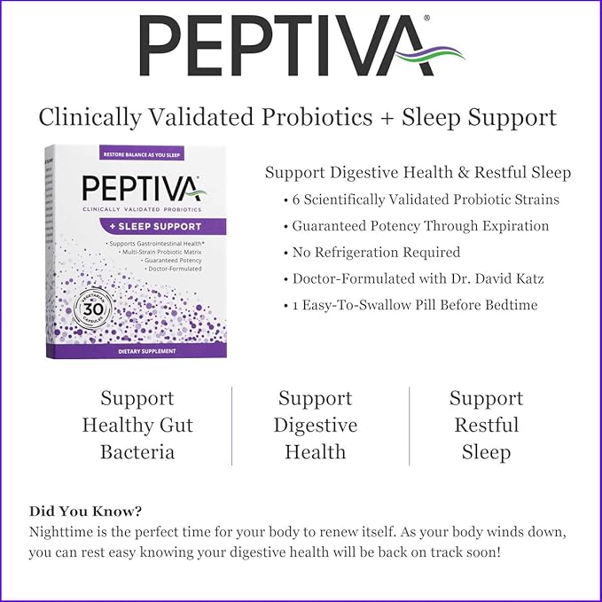 Peptiva 26 Billion CFU Probiotic and Sleep Support - Clinically Validated Multi-Strain Probiotic - Lactobacillus and Bifidobacterium, Melatonin - 30 Count