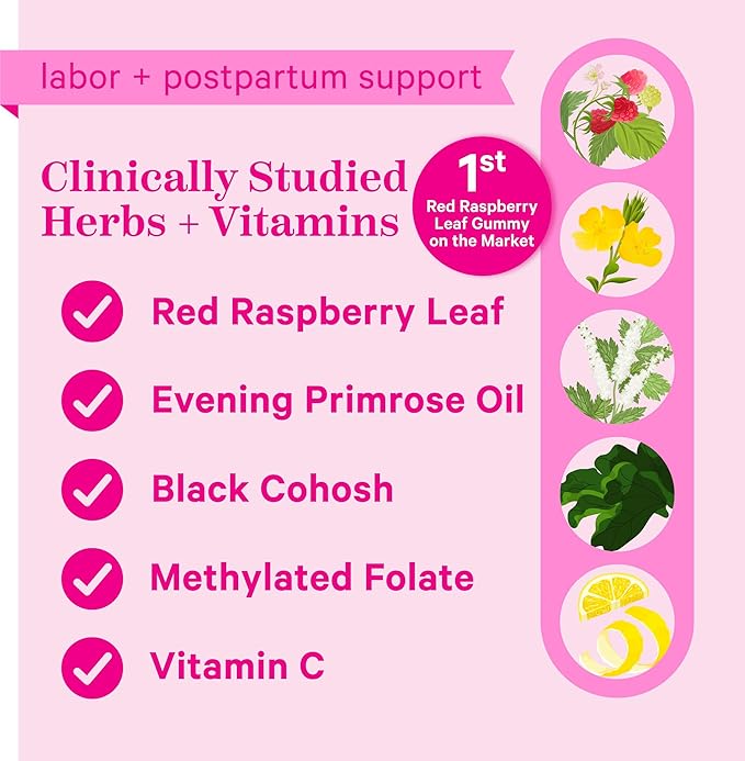 Pink Stork Red Raspberry Leaf Gummies - Third Trimester Labor Prep + Postpartum Mood Essentials with Evening Primrose Oil + Black Cohosh - 60 Vegan Gummy Supplements, Non-GMO