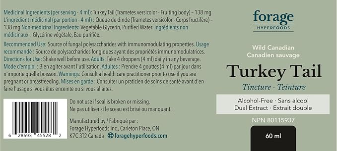 Turkey Tail Mushroom Tincture, Mushroom Vitamins for Immune System and Gut Health Support, Dual Extract, Alcohol-Free, 60 ml