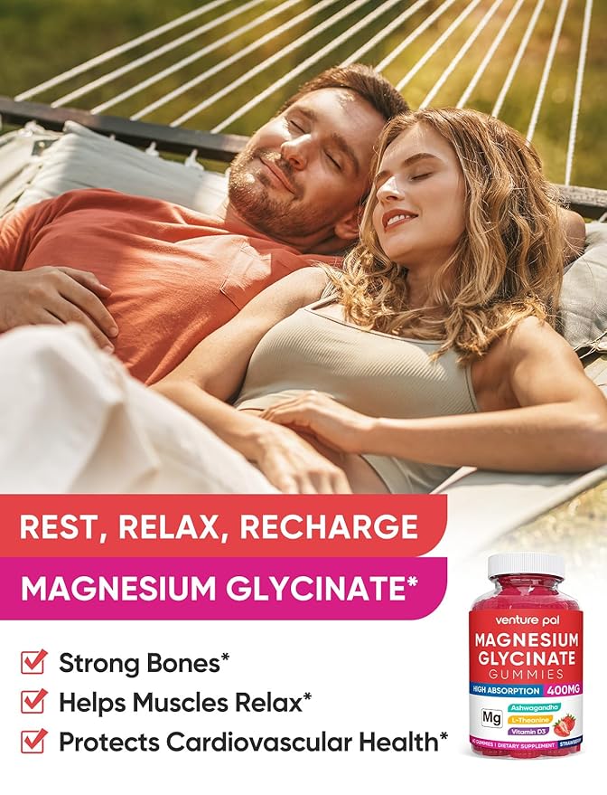 Venture Pal 60 Day Supply Magnesium Glycinate Gummies with Ashwagandha for Adults and Kids, L-Theanine, CoQ10, Sugar Free Magnesium Supplement 400mg for Calm Mood & Sleep, Gluten-Free & Vegan