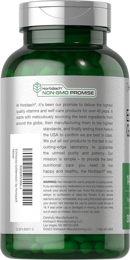 Horbäach Echinacea Goldenseal Capsules | 1400mg | 300 Count | Vegetarian, Non-GMO, Gluten Free Extract Supplement
