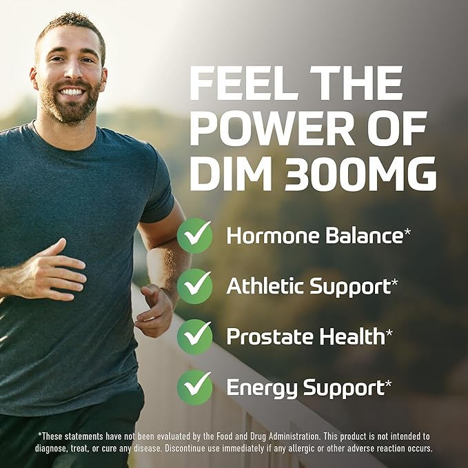 DIM Supplement for Men 300mg | Estrogen Blocker & Aromatase Inhibitor | Extra Strength Men’s Hormone Balance & Fitness Booster with Diindolylmethane Plus CDG & Sulforaphane | Gluten-Free | 60 Ct