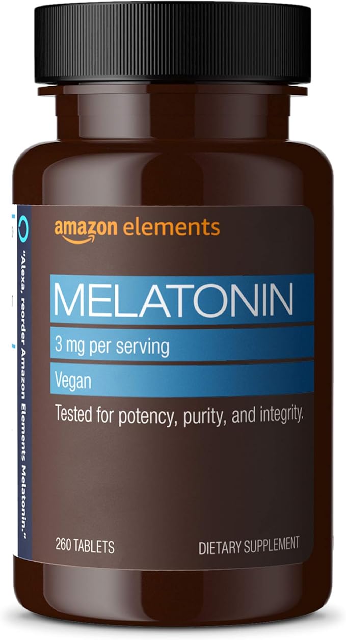 Amazon Elements Melatonin 3mg, Helps with occasional sleeplessness, Vegan, Unflavored, 260 Tablets, 8 month supply (Packaging may vary)