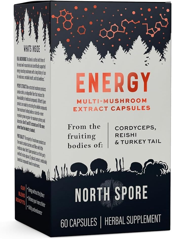 Organic ‘Energy’ Mushroom Supplement | Stamina & Endurance | 60 Day Supply | High Potency Blend | Cordyceps, Reishi, Turkey Tail | 100% Fruiting Body Extracts | Vegan, Non-GMO | Made in USA