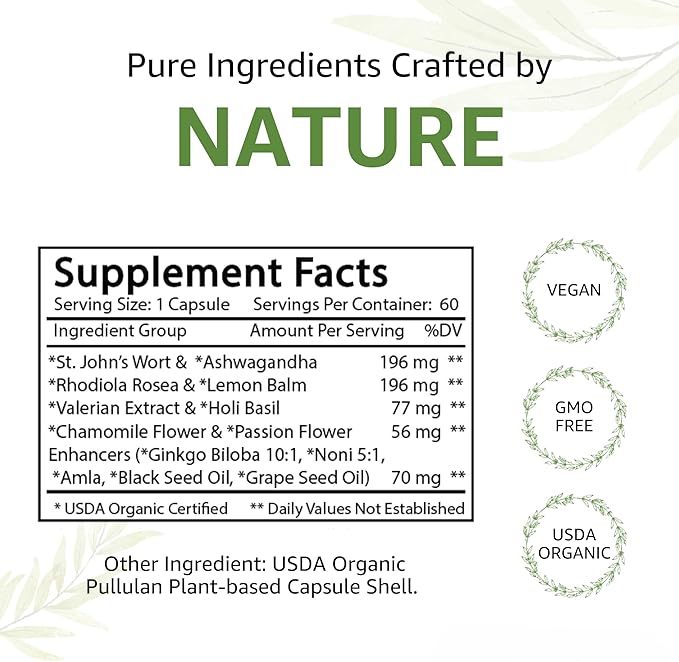 MoodBliss Mood Support Supplement, USA-Made USDA Organic Plant-Based Superfood for Stress Relief, Calm Mind & Body w/St John’s Wort Rhodiola Ashwagandha Valerian Medicinal Oils & More 60 ct