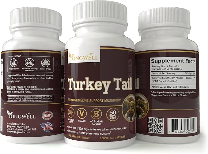 Turkey Tail Mushroom, Natural Immune Support, Wellness, & Vitality | Vegan, Gluten Free (100 Veggie Capsules / 50 Days Supply)