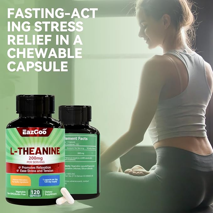 L-Theanine 200mg, Amino Acid Supplement to Support Relaxation, Stress, L Theanine Capsules - Non-GMO, Gluten Free, 120 Veg Capsules