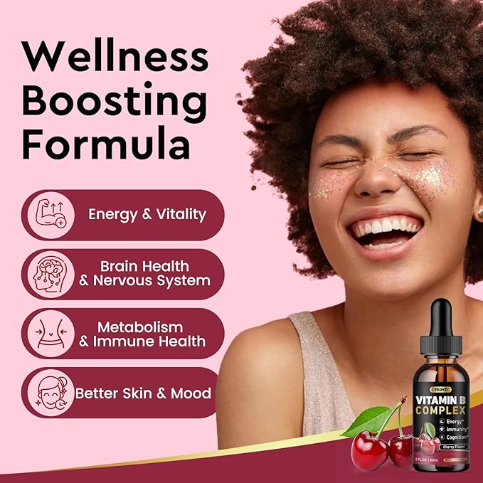 (2 Pack) Vitamin B Complex Liquid Drops, B Vitamins Complex Supplement with B1, B2, B3, B5 B6, B7, B9 & Methyl B12 Drops for Adults & Kids, Vegan, Cherry Flavor