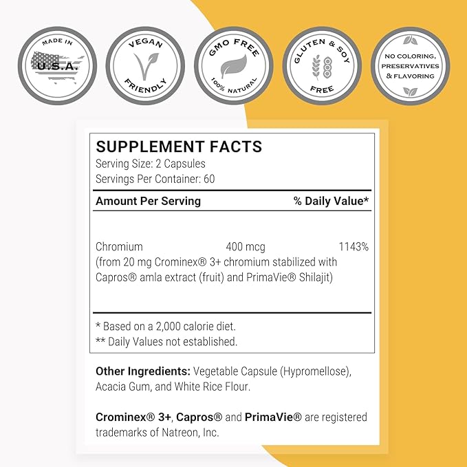 Supersmart - Crominex 3+ 20mg per Day (Patented & High Bioavailability) - Advanced Formula with Polyphenol, Fulvic Acid - Chromium Supplement | Non-GMO & Gluten Free - 120 Vegetarian Capsules