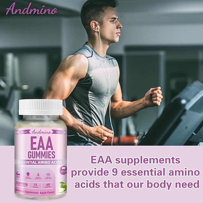 EAA Gummies 7500 mg, BCAA Gummies, Amino Acids Supplement for Muscle, Immune, Nervous & Digestive Health, for Adults & Kids, Non-GMO, Vegan, Gluten Free, Apple Flavor, 120