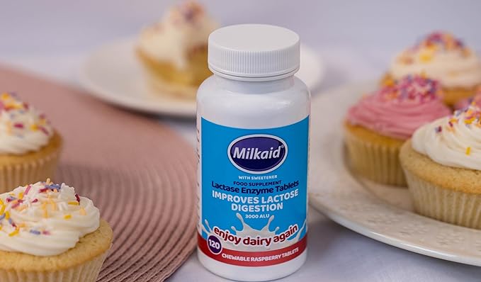 Milkaid Lactase Enzyme Chewable Tablets for Lactose Intolerance Relief | Prevents Gas, Bloating & Diarrhea | Fast Acting Dairy Digestive Supplement (120 Tablets, Raspberry)