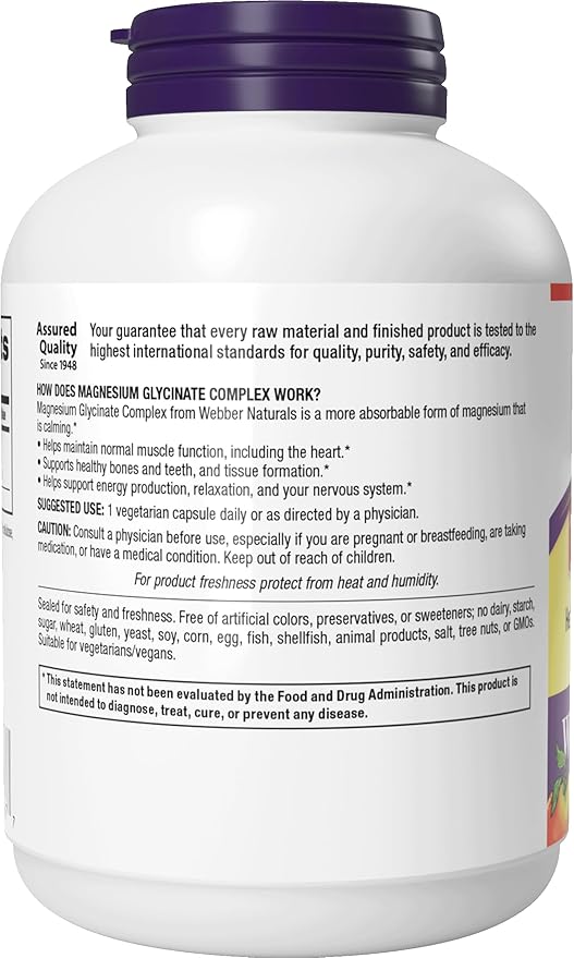 Webber Naturals Magnesium Glycinate Complex 200 mg, 180 Vegetarian Capsules, High Absorption Formula, Supports Bones, Heart, Muscles & Nerves, One-per-Day, Vegan