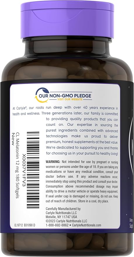Carlyle Melatonin 12 mg | 180 Softgel Capsules | Adult Extra Strength Support Supplement | Non-GMO, Gluten Free