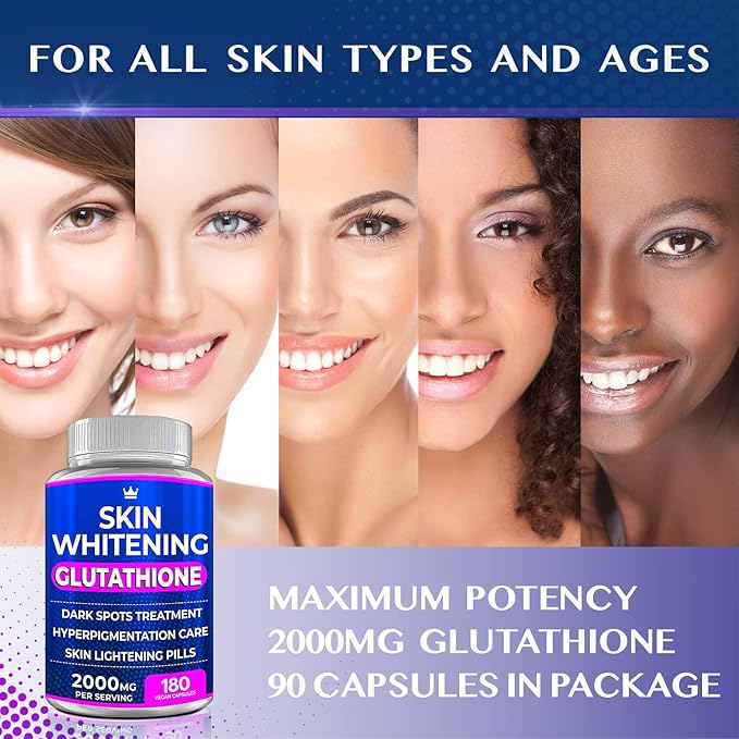 Glutathione Whitening Pills - 180 Capsules 2000mg Glutathione - Effective Skin Lightening Supplement - Dark Spots, Melasma & Acne Scar Remover, Hyperpigmentation Treatment - Anti-Aging Antioxidant