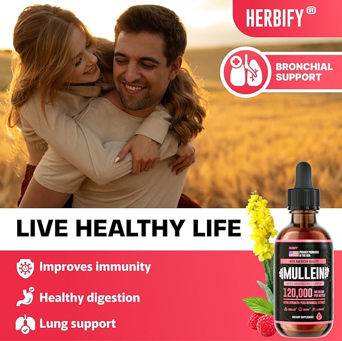 HERBIFY Mullein Drops - Lung Cleanse - Leaf Extract - Powerful Mullein for Immune Support, Detox & Respiratory Support - Made in USA - 4 Oz Raspberry Flavor