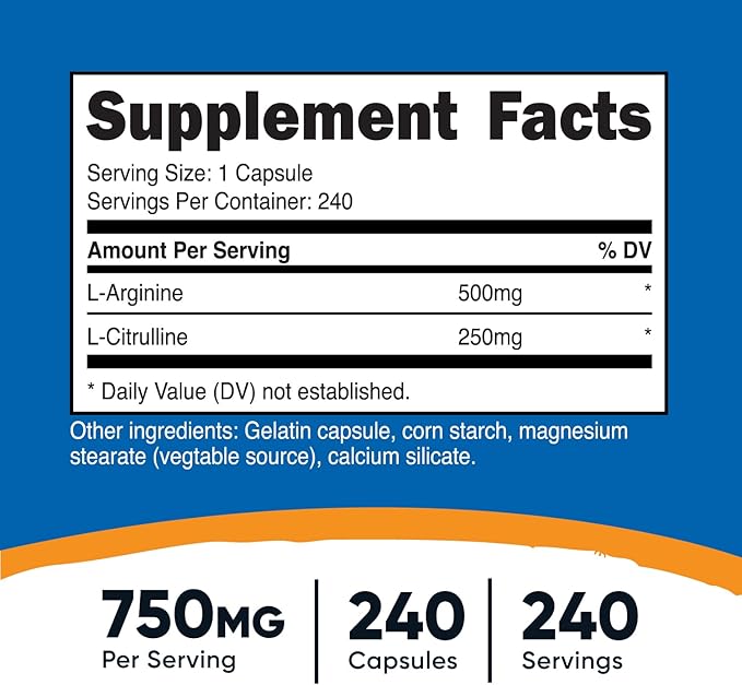 Nutricost L-Arginine L-Citrulline Complex 750mg, 240 Capsules - Non-GMO