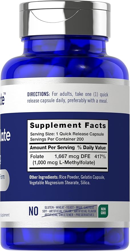 Carlyle L Methylfolate 1000mcg | 200 Capsules | Value Size | Optimized and Activated | Non-GMO, Gluten Free | Methyl Folate, 5-MTHF | by Opti-Folate