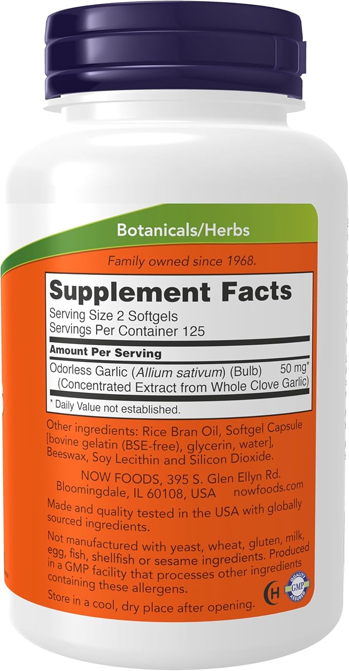 NOW Foods Supplements, Odorless Garlic (Allium sativum), Concentrated Extract, 250 Softgels