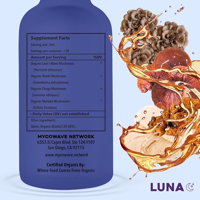 Luna 100% Organic Liquid Mushroom Tincture | for Sleep Quality, Boost Natural Healing | Recovery Enhancing PM Formula | Fruiting Body Extract | 4-in-1 Lion's Mane, Chaga, Maitake, Reishi | 60mI