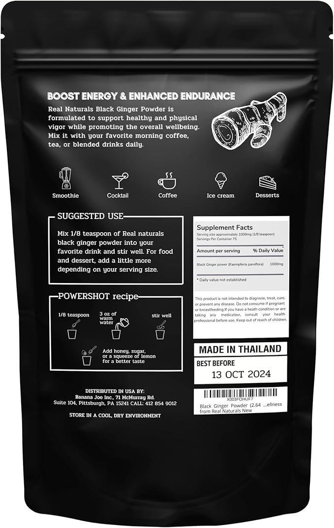 Black Ginger Powder (2.64 Oz) kaempferia parviflora by Real Naturals. Promote Energy & Stamina