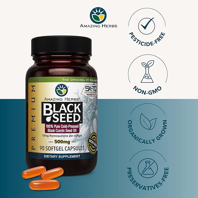 Amazing Herbs Premium Black Seed Oil Capsules - Cold Pressed Nigella Sativa Aids in Digestive Health, Immune Support, Brain Function, Gluten Free, Non GMO - 90 Count, 500mg