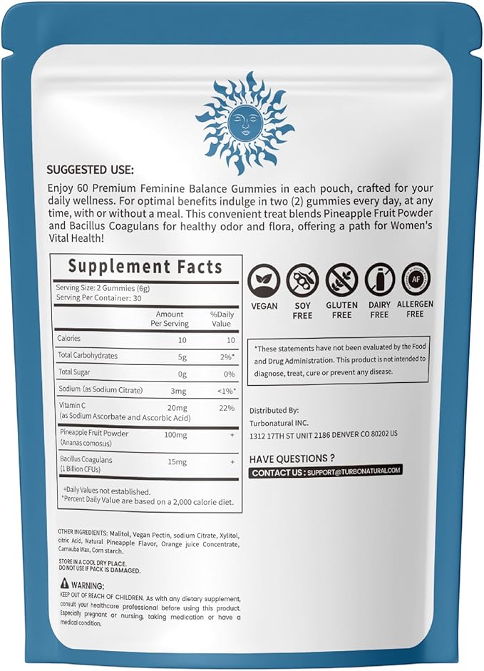 Organic Natural Sourcing Premium Feminine PH Balance Gummies for Women's Health, Immune Support, Hawaiian Pineapple Flavor Gluten-Free, Vegan Premium Feminine Balance Gummies For women-60 Prebiotics
