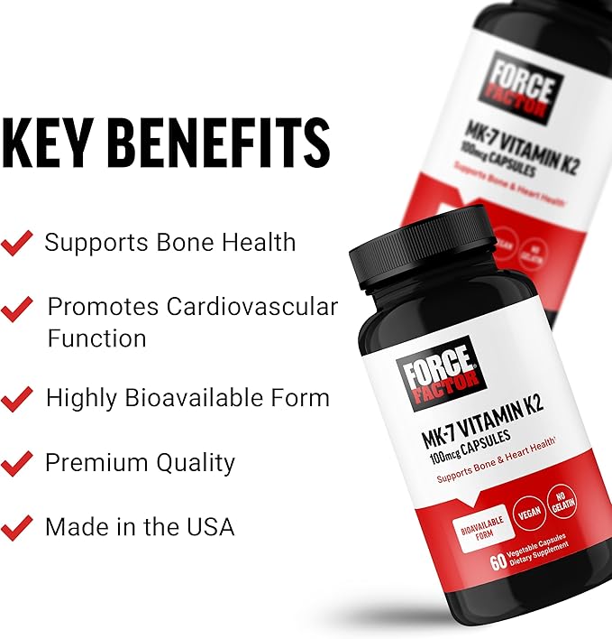 FORCE FACTOR MK-7 Vitamin K2 100mcg, Bone Support Supplements for Women and Men, Support Heart Health, Bone Density, and More, BIoavailable Form, Vegan, Non-GMO, 60 Vegetable Capsules