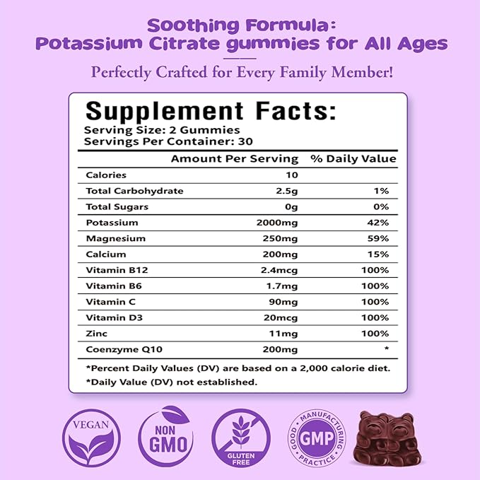 2 Pack Potassium Citrate Gummies, Potassium Supplement for Muscle Health, Leg Cramp Relief & Electrolyte Balance, Vegan, Non-GMO, Gluten-Free, Blueberry Flavor, 120 Count