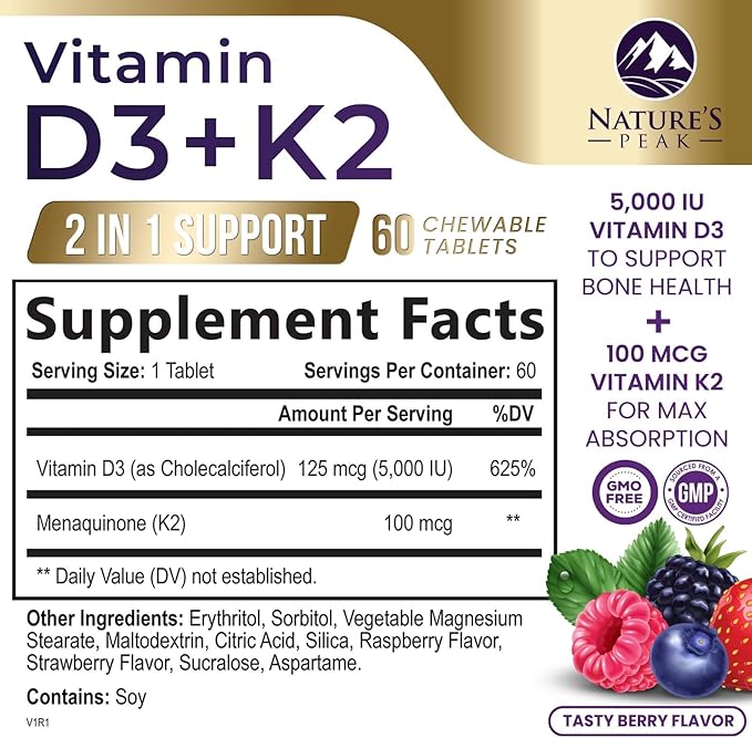 Vitamin D3 5000 iu Plus K2 (MK-7) 100 mcg - 2 in 1 Vitamins D & K Complex - Supports Calcium Absorption, Bone, Immune, & Heart Health – Made in the USA, Non-GMO, Easy to Swallow - 60 Chewable Tablets