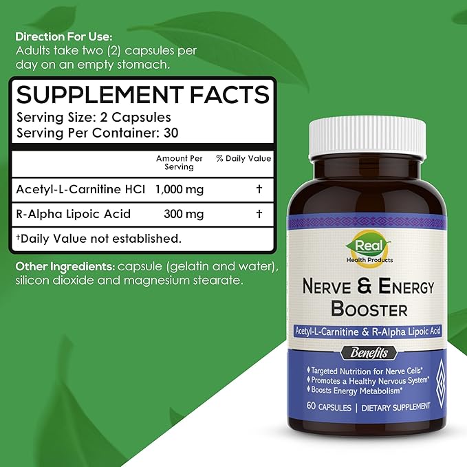Acetyl L-carnitine 1000mg & R-Alpha Lipoic Acid 300mg Capsules - Nerve & Energy Booster Ala Supplement & Carnitine Supplement - Cardiovascular, Cognitive Function & Antioxidant Support