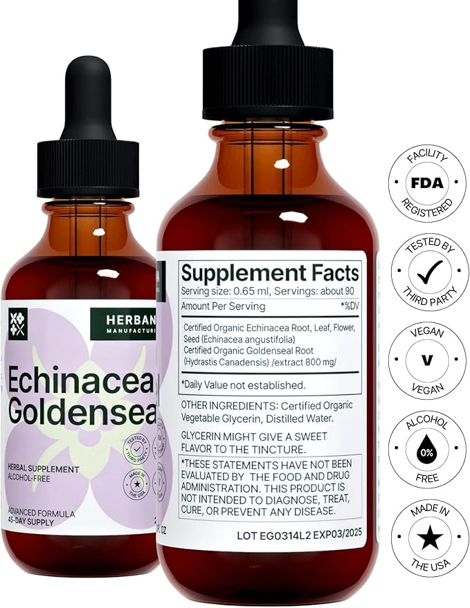 Echinacea and Goldenseal 2 fl oz Liquid Extract - Natural Herbal Supplement - Immune Support Drops - Enhance Sleep | Boost Energy - High Potency - 45-Day Supply