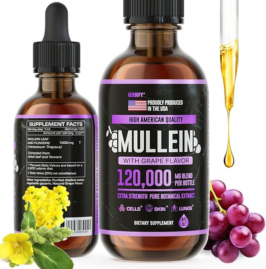 HERBIFY Mullein Drops - Lung Cleanse - Leaf Extract - Powerful Mullein for Immune Support, Detox & Respiratory Support - Made in USA - Herbal Supplements - 4 Oz Grape Flavor