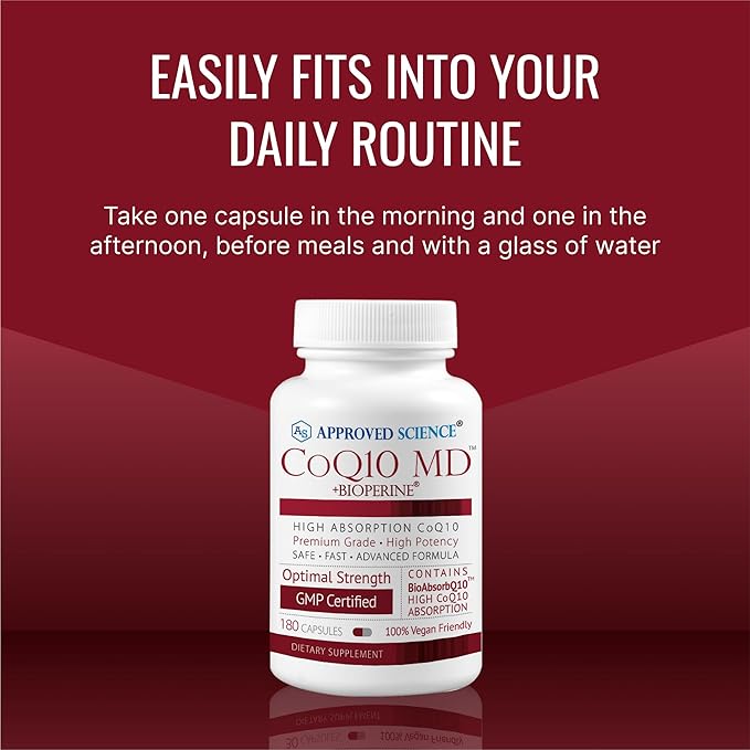 Approved Science® CoQ10 MD - Extra Strength 250mg Pure CoQ10 with Bioperine® for Faster Absorption - Optimal Support - 3 Month Supply