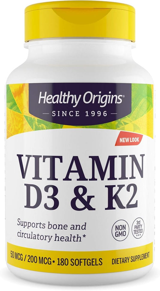 Healthy Origins Vitamin D3 & K2 - Vitamin D3, 50 mcg - Vitamin K2, 200 mcg - Easily Absorbable Vitamin D & Vitamin K Supplements - Non-GMO & Gluten-Free Supplements - 180 Softgels