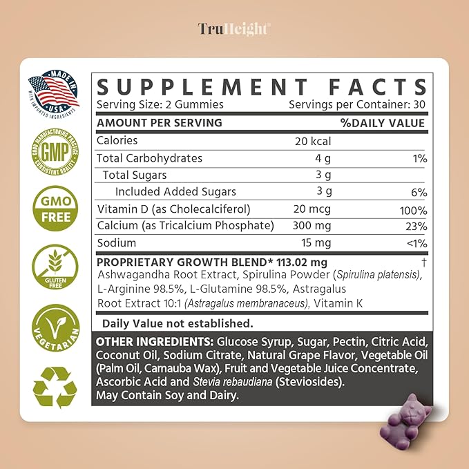 TruHeight Growth Gummies (Grape) Natural Growth & Development Supplement for Kids & Teens - Vitamin D, K, Calcium & Ashwaganda - Bone Strength Vitamins - Picky Eater Vitamin for Kids - Ages 5+