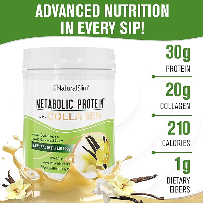 NaturalSlim Metabolic Protein Powder with Collagen Vanilla - Hydrolyzed Collagen Protein Powder for Hair, Skin, Bone, Joint, and Metabolism - Low Carb Meal Replacement Shake Mix - 17.6 oz