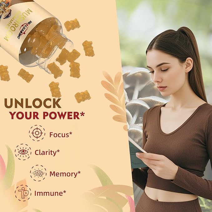 Mushroom Gummies with Lion's Mane & Cordyceps - Immune Support, Brain Health & Memory Enhancement - Vegan Mushroom Complex with Vitamin D3, B6, B9 & B12 - Focus, Energy & Cognitive Function Supplement
