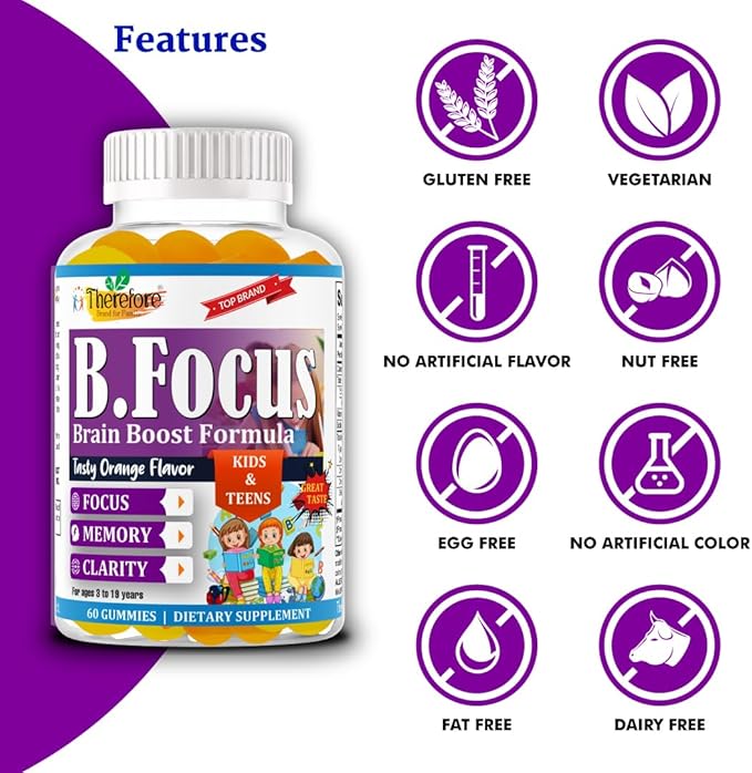 Therefore Kids Brain Booster Supplement Omega 3 for Kids & Teens, Focus Gummies Support Mental Clarity, Attention Concentration, Brain Supplements for Memory and Focus, Fruity Flavor 60 Gummy