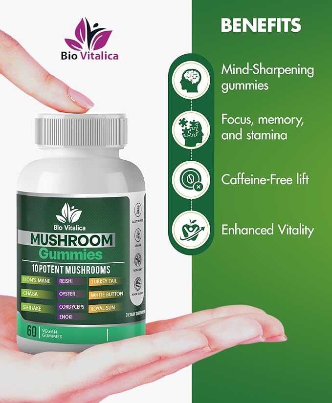 BIO VITALICA Mushroom Gummies - Lions Mane Gummies for Adults with 10 - Blend Mushrooms Complex Reishi, Chaga, Cordyceps, Turkey Tail, & More - Mushroom Supplement - Parental (3)