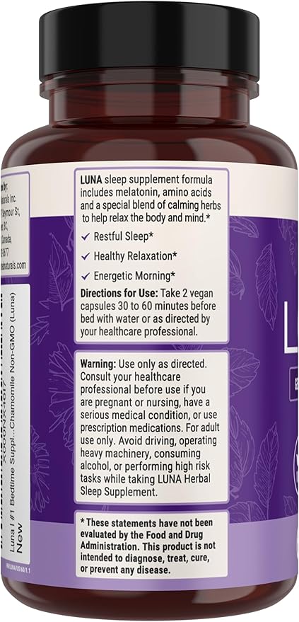 Luna Sleep Aid - Non-Habit Forming Natural Sleeping Pills for Adults with Naturally Sourced Ingredients - Valerian Root, Melatonin, Chamomile, Lemon Balm, and More - 120 Vegan Capsules
