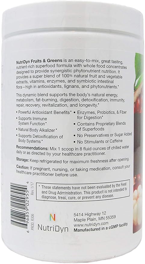 NutriDyn Fruits & Greens Strawberry/Kiwi Flavor *Certified Organic* w/ Acai, Gogi, Mangosteen, Noni & Pomegranate Super Fruits 300 Grams (Strawberry Kiki)