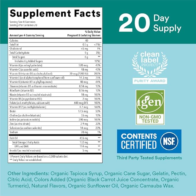SmartyPants Prenatal Vitamins for Women, Multivitamin Gummies: Omega 3 Fish Oil (EPA/DHA), Biotin, Methylfolate, Vitamin D3, C, Vitamin B12, B6, A, K & Zinc, Inositol, 80 Count (20 Day Supply)