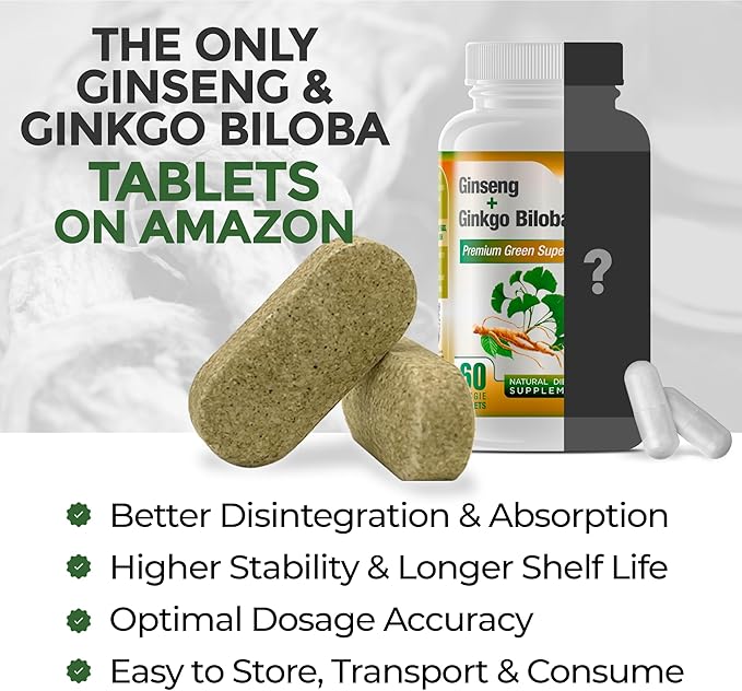 Ginko Biloba & Panax Ginseng Supplement - Red Ginseng Brain Supplement for Memory and Focus - Ginkgo Biloba Supplements for Good Vision, Immune System and Improved Blood Flow - 12 Bottles