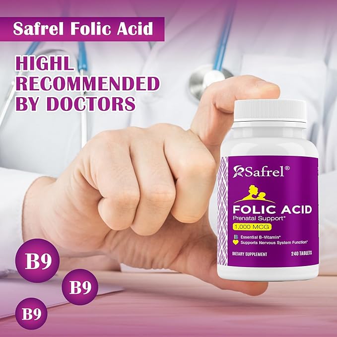 Safrel Folic Acid 1000 mcg (1 mg) - Vitamin B9-240 Tablets, Essential Prenatal and Postnatal Vitamin for Fetal Development, Red Blood Cell Production, Cell and Neural Development | Non-GMO, Vegan