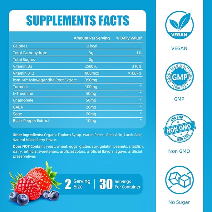 Ashwagandha Gummies Sugar Free for Women Men, High Potency Ashwagandha Root Extract Supplements with L-Theanine GABA Chamomile Turmeric Vitamin D3 B12 for Stress Adults Vegan(Mixed Berry B)