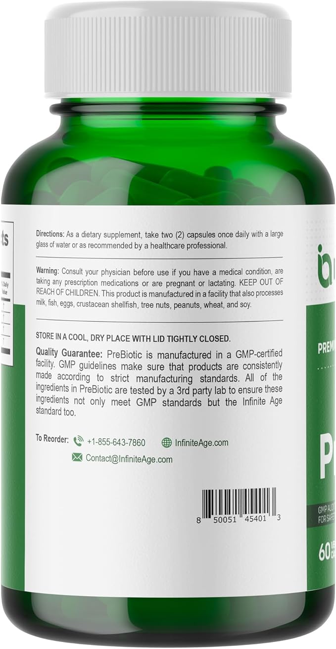 INFINITE AGE Prebiotic Capsules, 60 Count - Premium FOS Pre-biotic Fiber Supplement with Chicory and Acacia - Digestive Health for Men Women