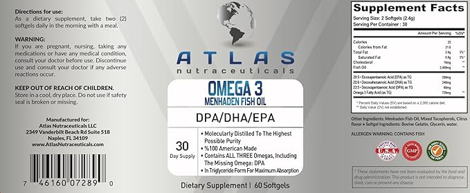 Atlas Nutraceuticals-Atlantic Caught Menhaden Fish Oil-Omega 3-2400mg, Burpless, Made in The USA, DPA/DHA/EPA-60 Softgels (1)