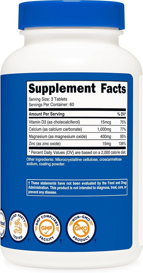 Nutricost Calcium, Magnesium & Zinc Tablets 1,415 mg, 180 Tablets - Vitamin / Mineral Blend Supplement, 60 Servings - Gluten Free, Non-GMO