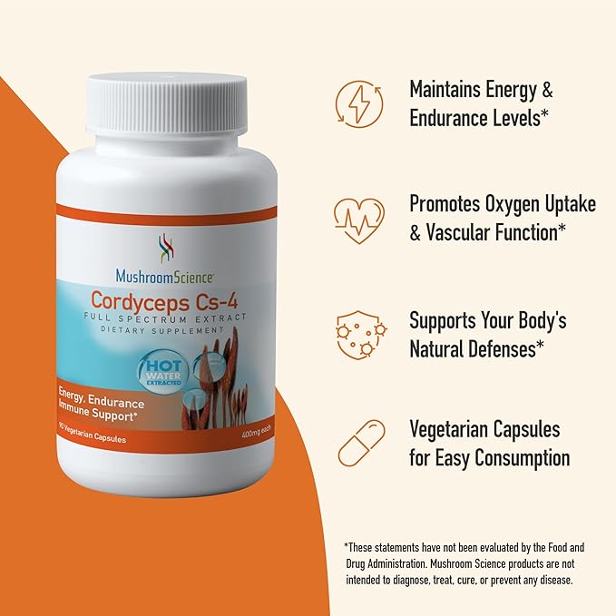 Cordyceps CS-4 Capsules, Full Spectrum Extract for Health, Energy & Endurance, Hot Water Extracted, Vegetarian, 400mg, 90 CT